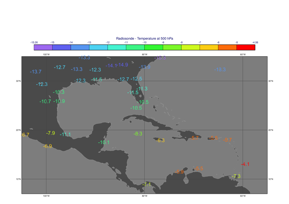 Metview > Gallery > coloured_obs_values.png